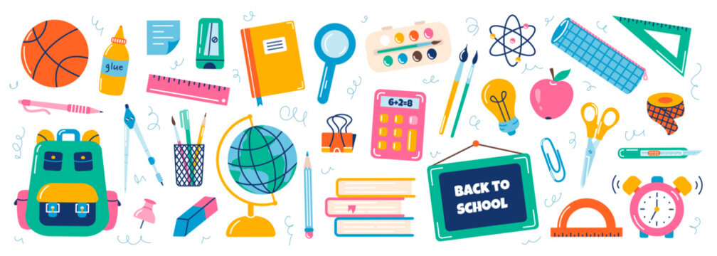 Big set of school supplies. Vector flat illustration in hand drawn style. Back to school