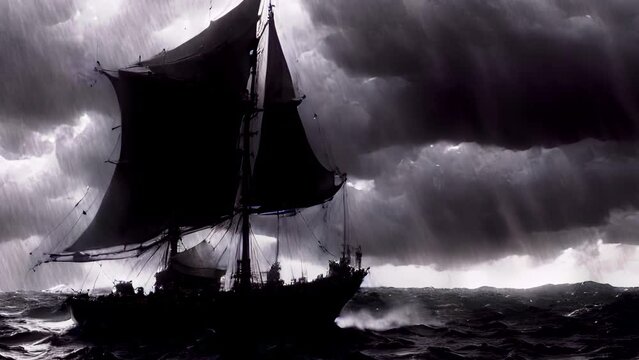 Old pirate ship in stormy ocean
Big waves lightning and clouds, fantasy concept
