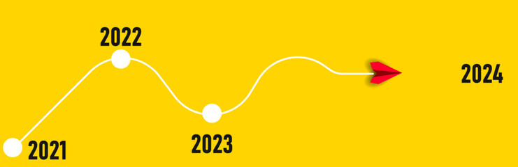 Red airplane flying past the old years to the new year 2024.
New Idea concept. business life change concept. Different thinking, Business leader, personality development idea concept.