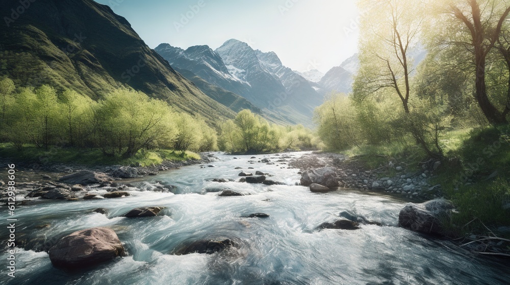 Poster a river running through a lush green forest filled with rocks. generative ai