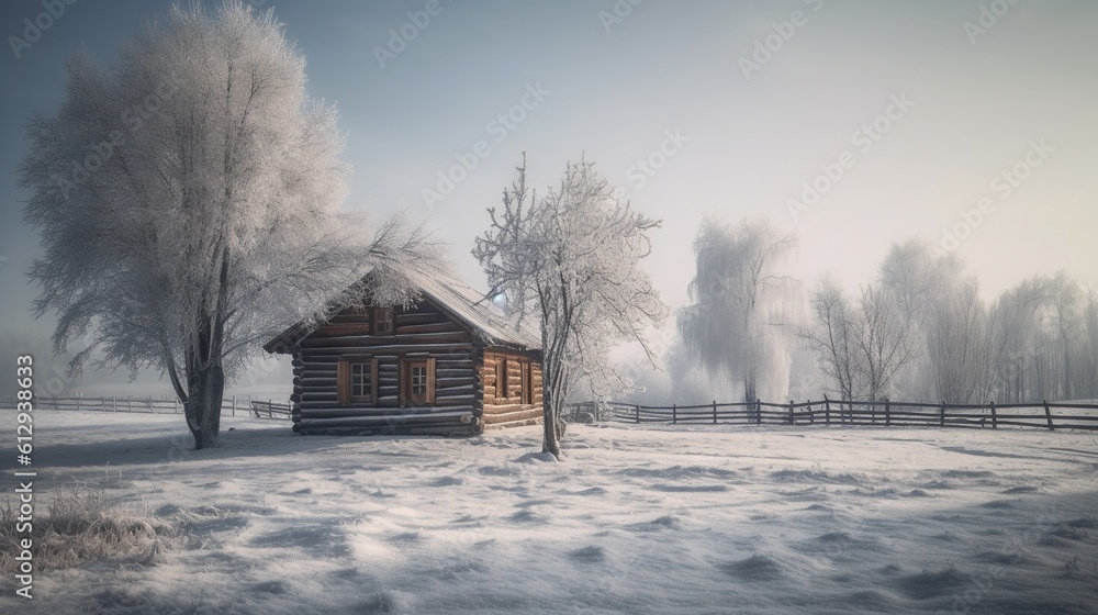 Poster a cabin in a snowy field with trees and a fence. generative ai