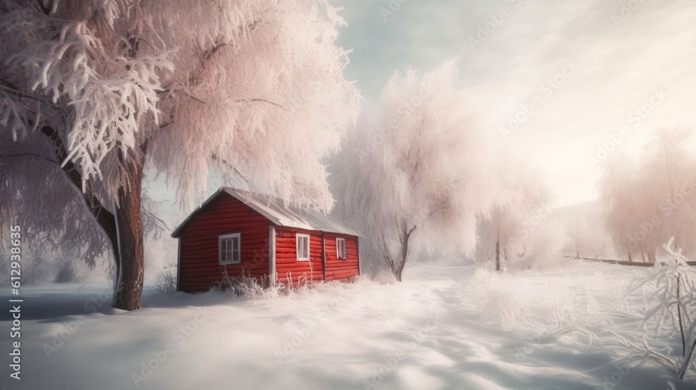 Poster a small red cabin in a snowy field with trees in the background. generative ai