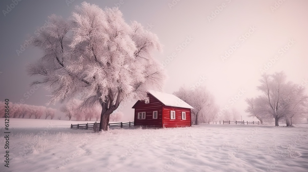Poster a red house in the middle of a snowy field with trees. generative ai