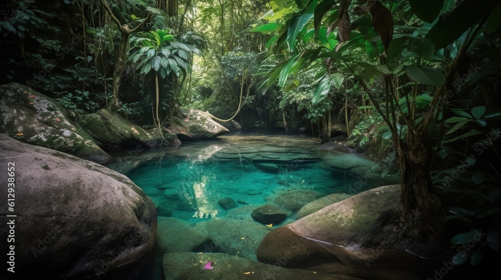 Poster a stream in a tropical jungle with rocks and trees in the water. generative ai