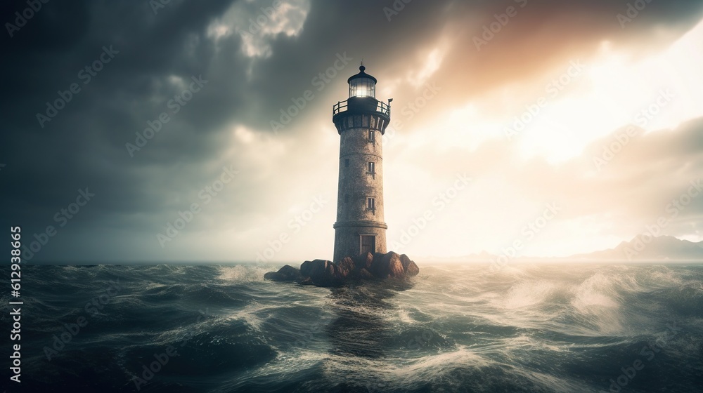 Poster a lighthouse in the middle of the ocean with a cloudy sky. generative ai