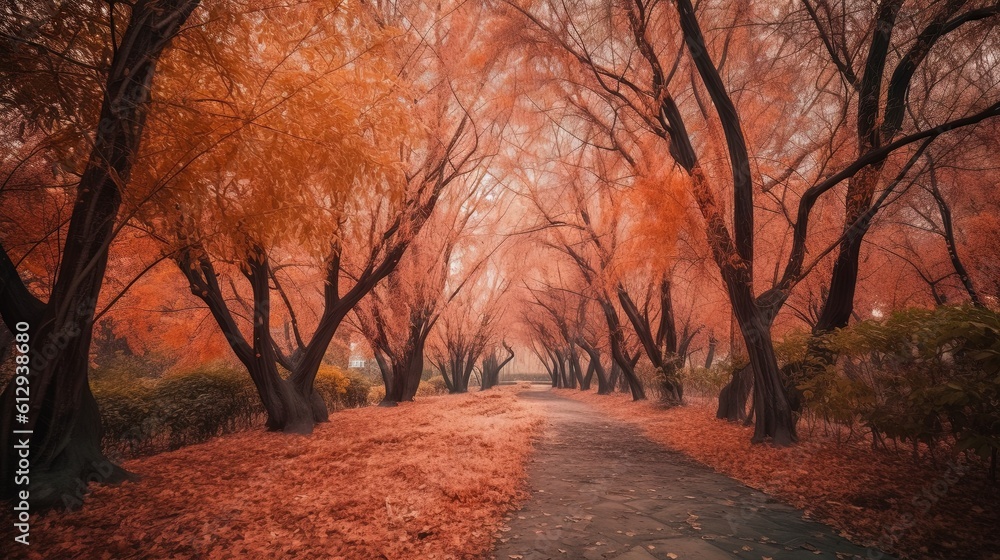 Poster a path in a park with trees with orange leaves on the ground. generative ai