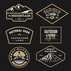 set collection of vintage adventure badge. Camping emblem logo with mountain illustration in retro hipster style.	