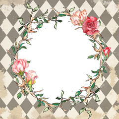 Alice in Wonderland style watercolor  floral frame on grunge diamond victorian background - 612938624