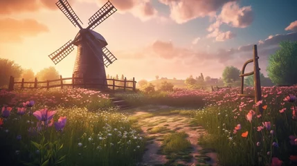 Fotobehang  a painting of a windmill in a field of flowers at sunset.  generative ai © Oleg