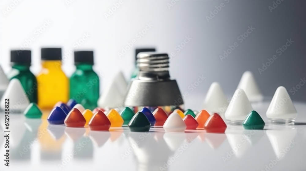 Poster a close up of a group of different colored plastic objects. generative ai