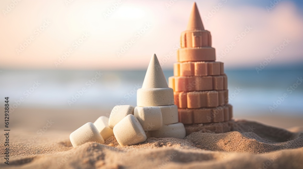 Poster a sandcastle made of blocks on a beach with the ocean in the background. generative ai