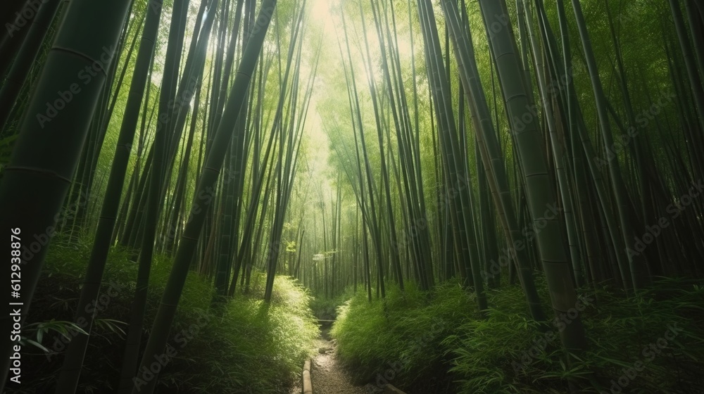 Aufkleber a path through a bamboo forest with lots of tall trees. generative ai