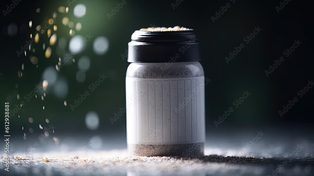Poster a jar with some sand in it sitting on a table. generative ai