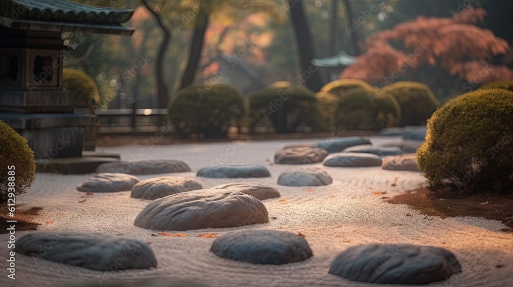 Poster a garden with rocks and trees in the middle of it. generative ai