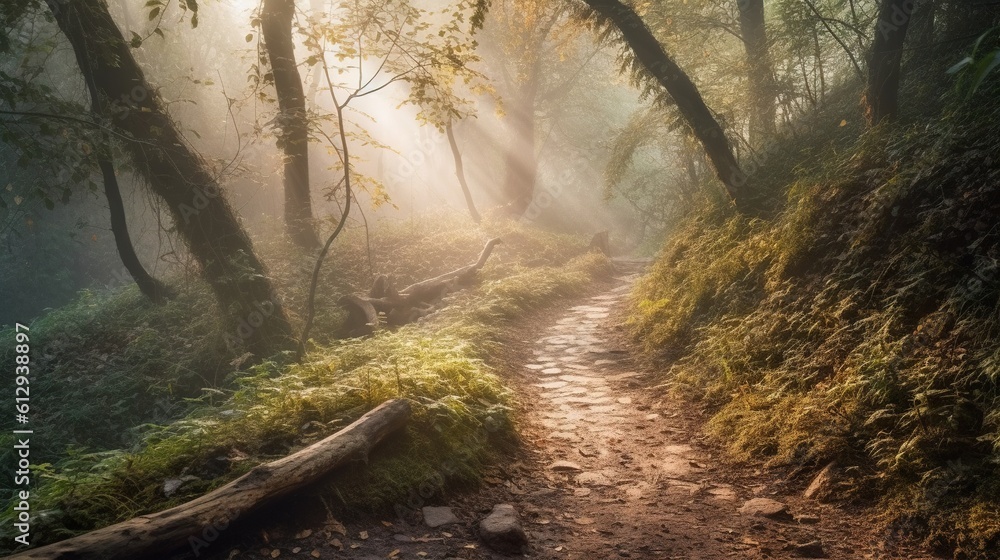 Poster a path in the woods with sun shining through the trees. generative ai