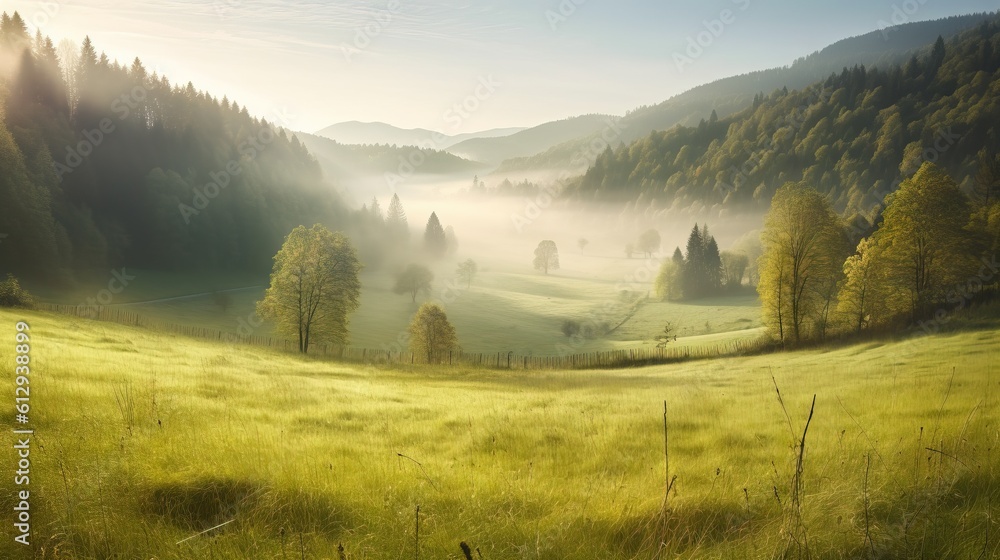 Poster a grassy field with trees in the distance and fog in the air. generative ai