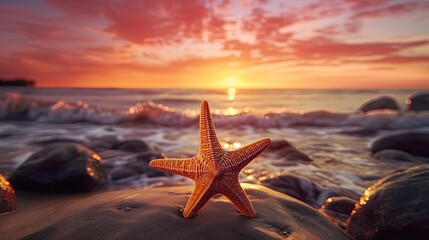 Fototapeta na wymiar Beautiful starfish on bright sunset background. AI-generated.