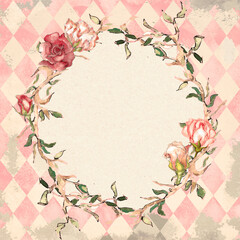 Alice in Wonderland style watercolor  floral frame on grunge diamond victorian background - 612938817