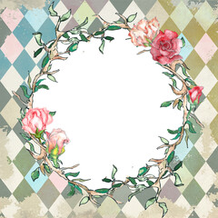 Alice in Wonderland style watercolor  floral frame on grunge diamond victorian background