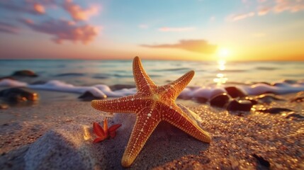 Obraz na płótnie Canvas Starfish on the beach on sunset background.