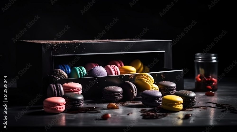 Poster a box filled with lots of different colored macaroons. generative ai