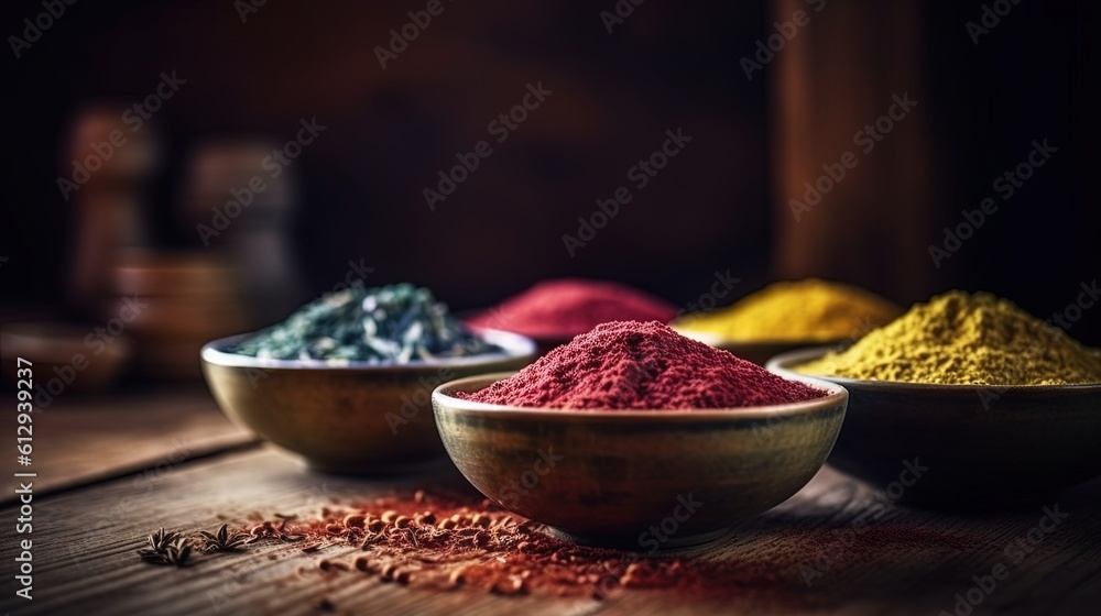 Poster three bowls filled with different colored powders on a table. generative ai