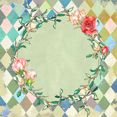 Alice in Wonderland style watercolor  floral frame on grunge diamond victorian background - 612939240