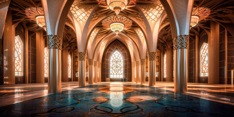 Fototapeta na wymiar Islamic architecture interior, mosque, palace. Generative AI