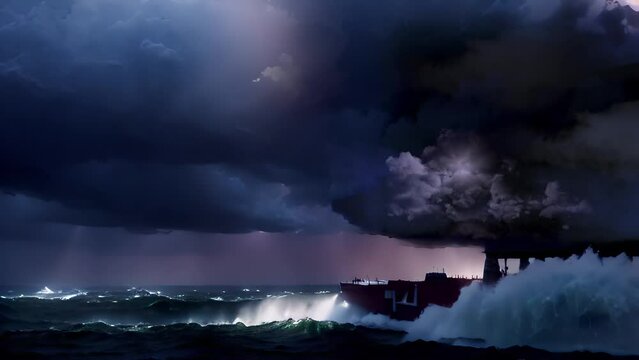 Stormy sea with cargo ship at sunset
Cinematic dramatic view of storm with clouds and cargo ship, slow motion, 2023
