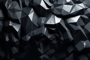 Fototapeta premium 3d render, abstract black crystal background, faceted texture, macro panorama, wide panoramic polygonal wallpaper, generative ai