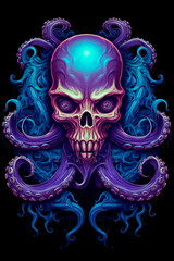 A blue violet skull with an octopus sticking. Generative AI 