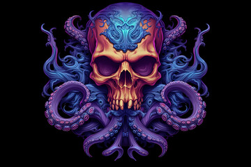 A blue violet skull with an octopus sticking. Generative AI 