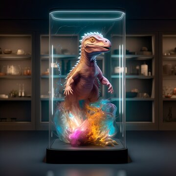 Baby dinosaur animal on display in the museum. Generative AI