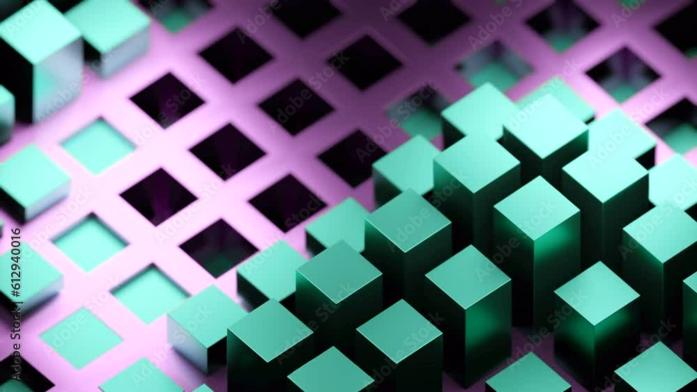 Poster yellow and blue squares. design. light animation with small geometric figures rising alternately in 