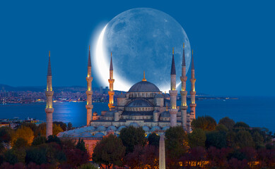 The Sultanahmet Mosque (Blue Mosque) with crescent moon - Istanbul, Turkey 