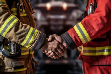 Friendly handshake of two firemen. Generative AI