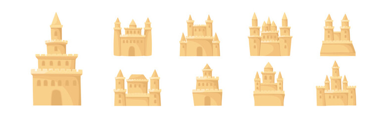 Built Sand Castle with Towers and Castellation Wall Vector Set
