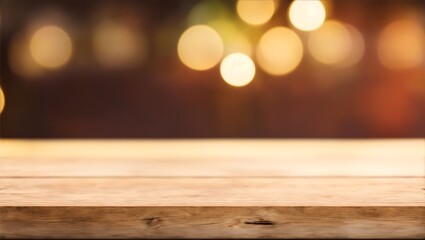 Empty wooden table top with bokeh lights on blurred, generative ai - obrazy, fototapety, plakaty