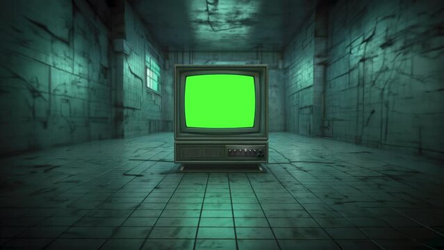 Retro 90s tv, vintage television with a glitches, noise, interference, green screen in a mystery room.