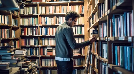 Small Business Owner Curating Books in Contemporary Bookstore. Generative AI.