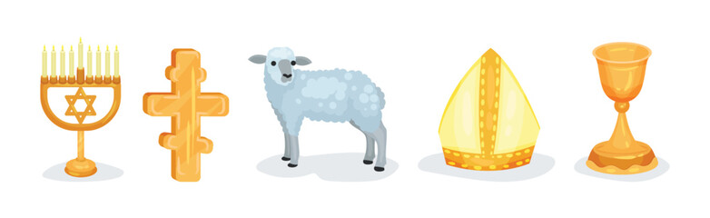 Religious Christian Signs and Symbols with Cross, Lamb, Goblet and Menorah Vector Set