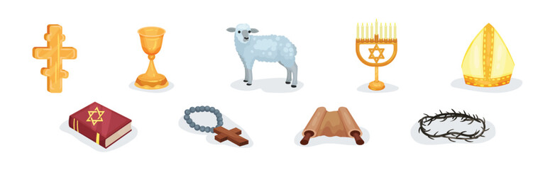 Religious Christian Signs and Symbols with Cross, Lamb, Goblet and Menorah Vector Set