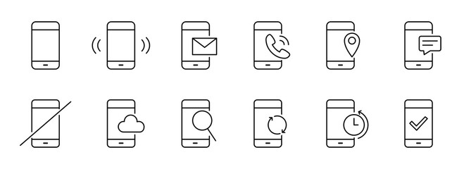 Mobile icon set. Mobile, cellphone, phone, smartphone. Contact sign collection