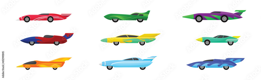 Poster Different Colorful Sport Racing Car Side View Vector Set