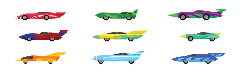 Different Colorful Sport Racing Car Side View Vector Set