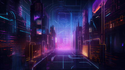 High-tech futuristic concept illustration, abstract composition, digital art, cyberpunk aesthetic, neon lights, glowing lines, dark background, circuit board patterns