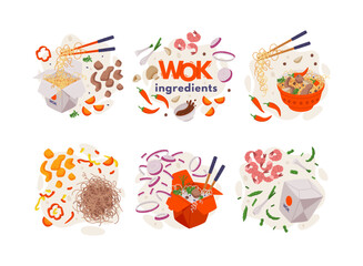 Wok Ingredients and Asian Food with Noodles in Carton Box Vector Composition Set