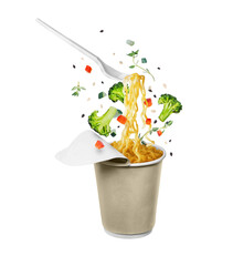 Instant noodles with food ingredients fly out from a cardboard cup isolated on white background