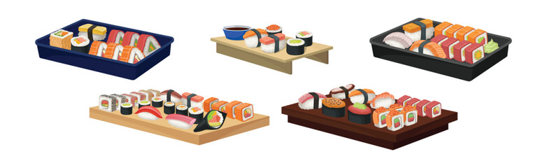 Different Sushi and Maki Served on Board with Soy Sauce Vector Set