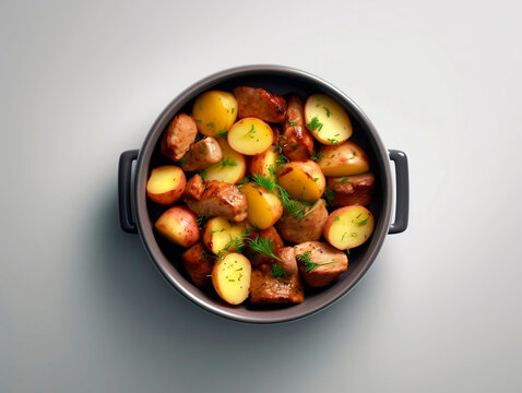 Potato stew with sausage and potatoes on a gray background, top view.AI Generated